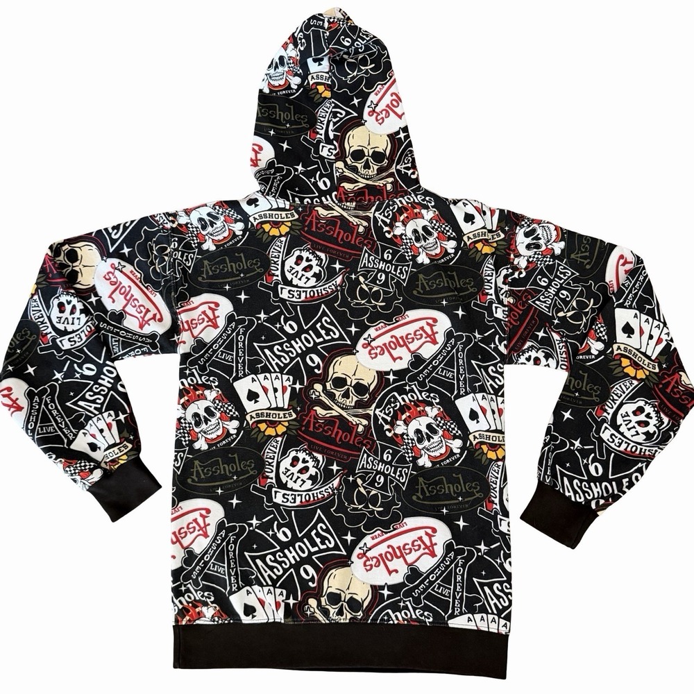 Assholes*s Live Forever AOP Skull Tattoo Hoodie‎ SMALL Rocker Punk Biker Grunge - Picture 5 of 10